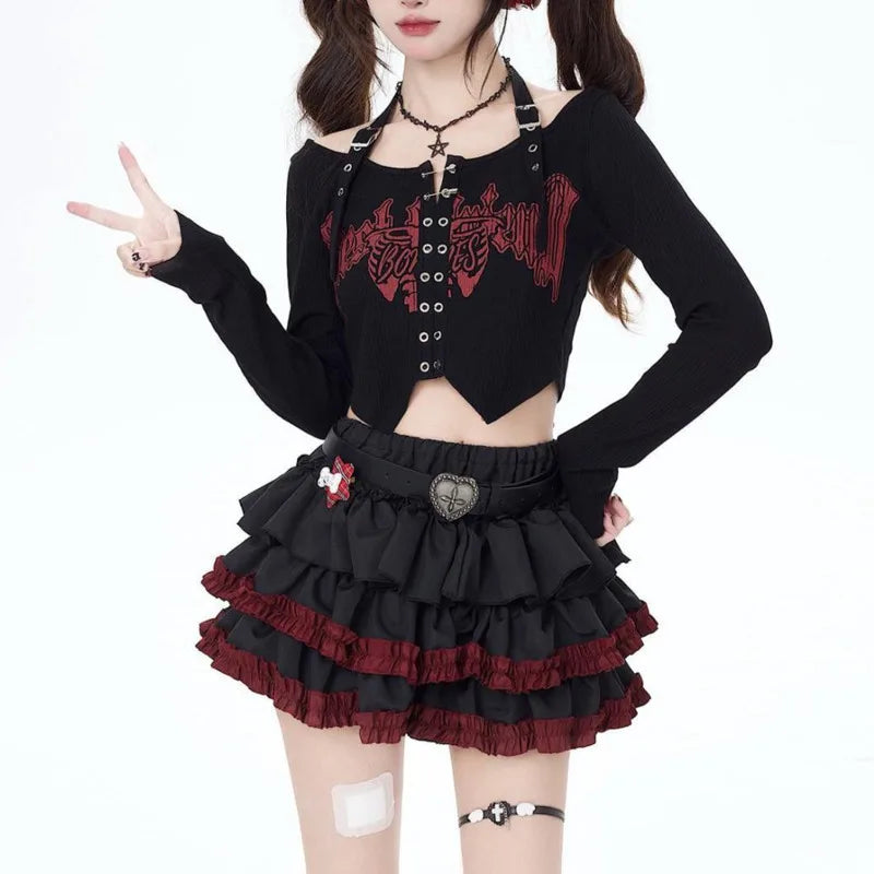 Gothic Punk Black Long Sleeve Crop Top Buckle Strap