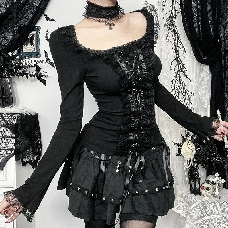 Black Gothic Lace Side Long Sleeve Tops T-shirts Mall Goth
