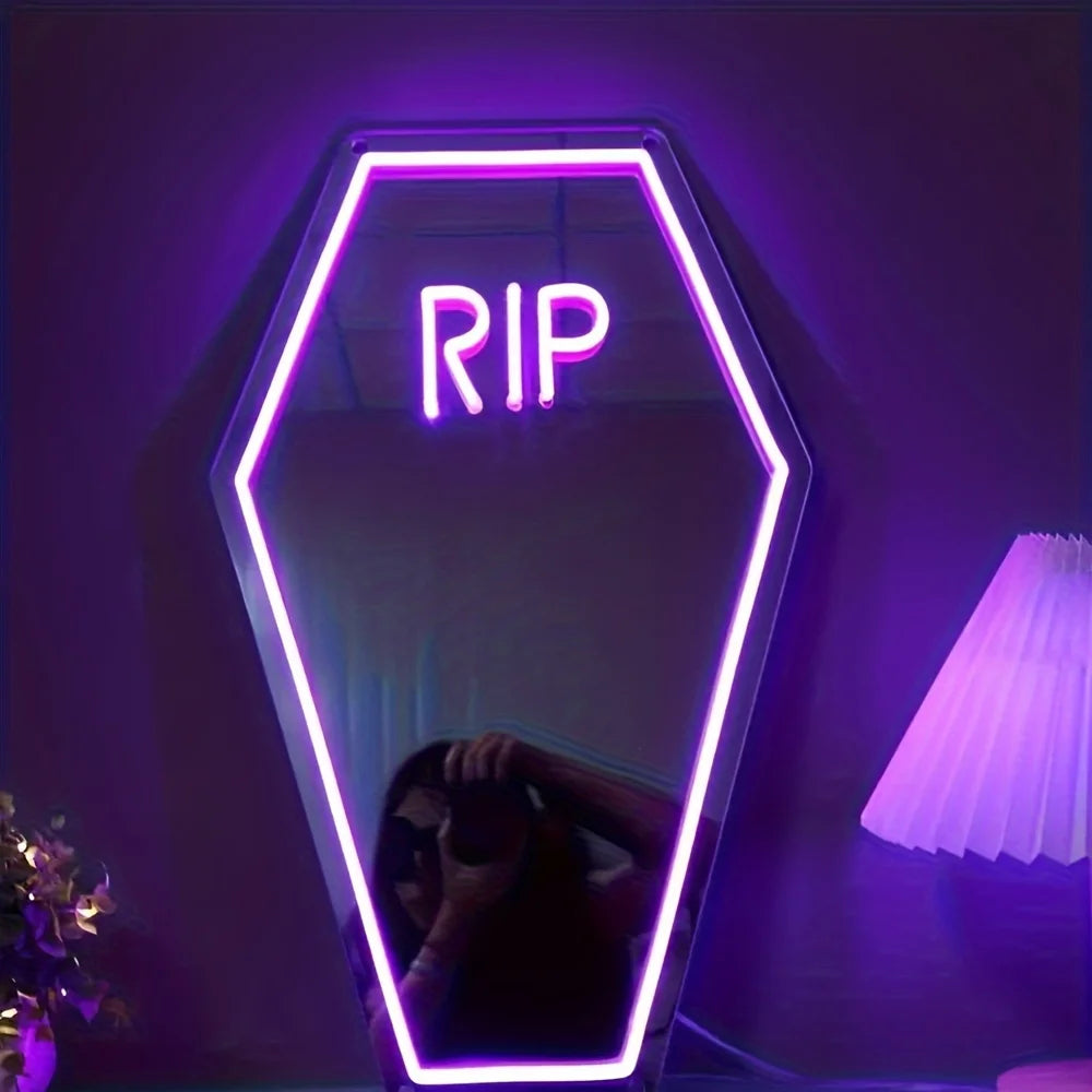 RIP Coffin Shaped Neon Sign Mirror - Gothic Home Decor