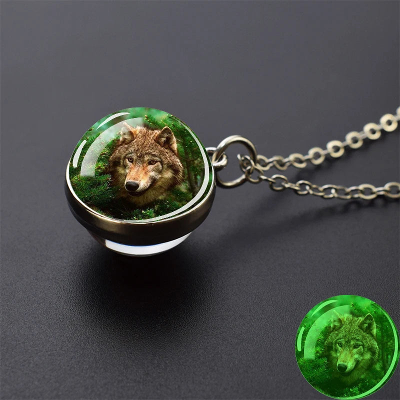 Glow in the Dark Wolf Necklaces Howling Wolf Head and Moon 2CM Glass Ball Pendant Double Sided