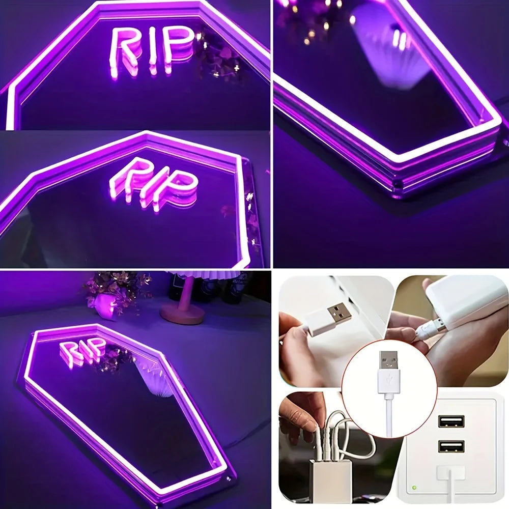 RIP Coffin Shaped Neon Sign Mirror - Gothic Home Decor