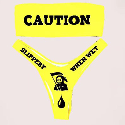 Sexy Fun Yellow Caution Warning Tape Boobtube Strapless Bikini