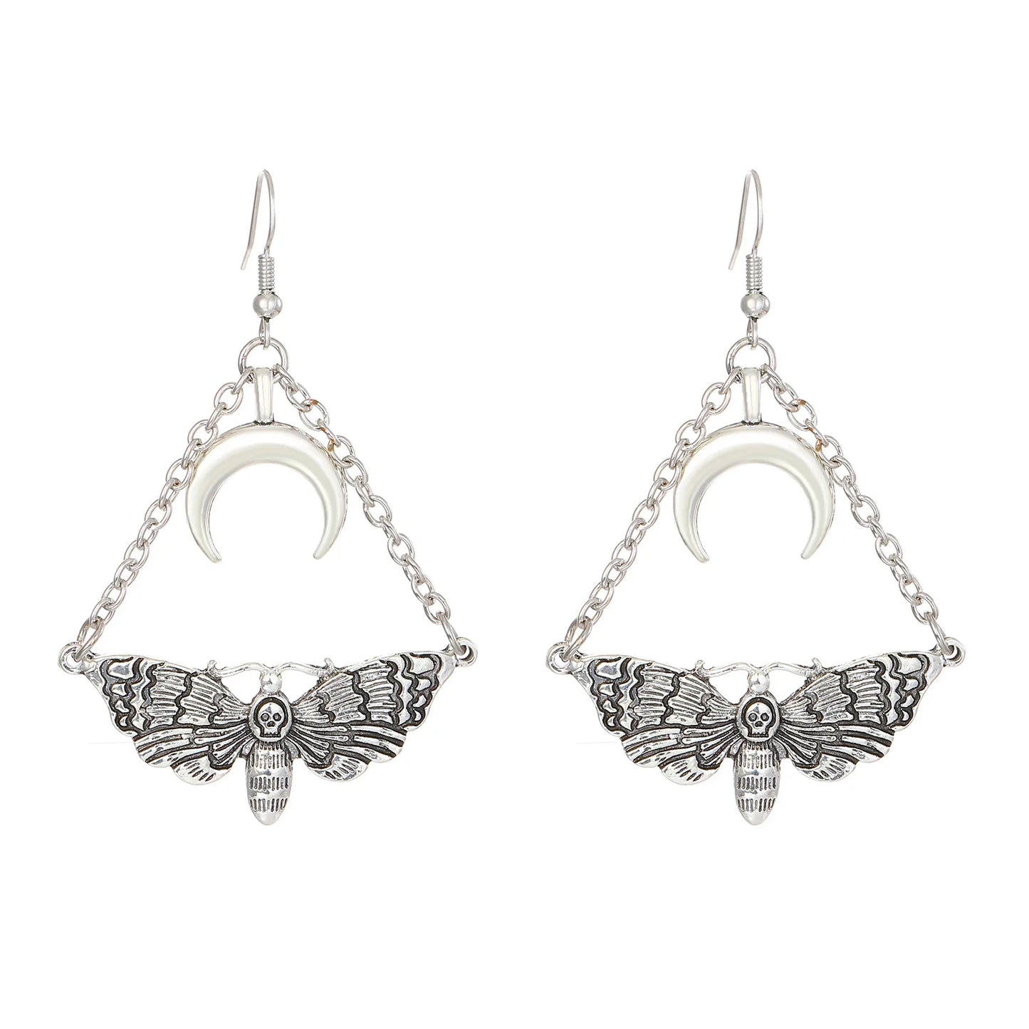 Gothic Skull Moth Hanging Moon Chain Earrings