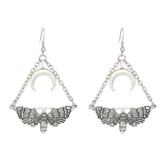Gothic Skull Moth Hanging Moon Chain Earrings