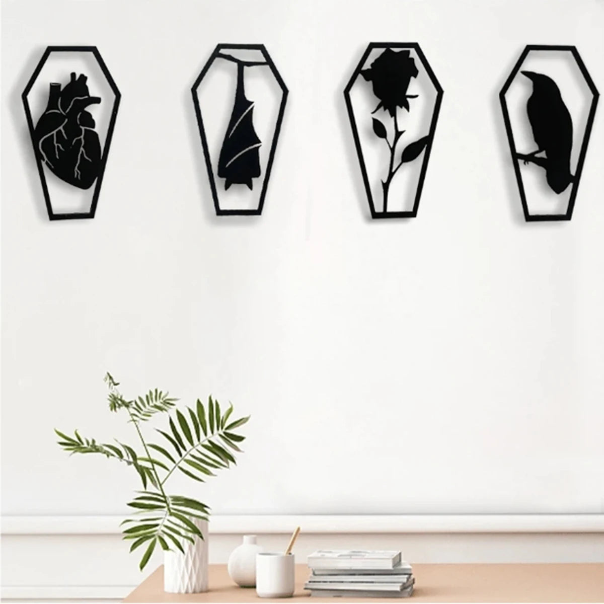 Coffin Shaped Gothic Home Decor Wooden Bat Crow Decoration Wall Hanging Art