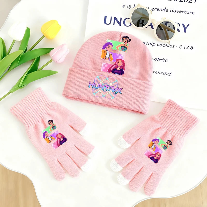 KPop Demon Hunters Knitted Hats Gloves 2pcs Set Huntrix Clothes Gifts