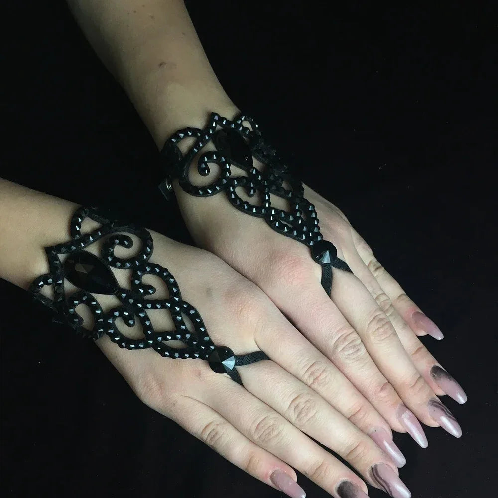 Gothic Black Crystal Bracelet Link Wrist Chain Finger Hand Jewellery