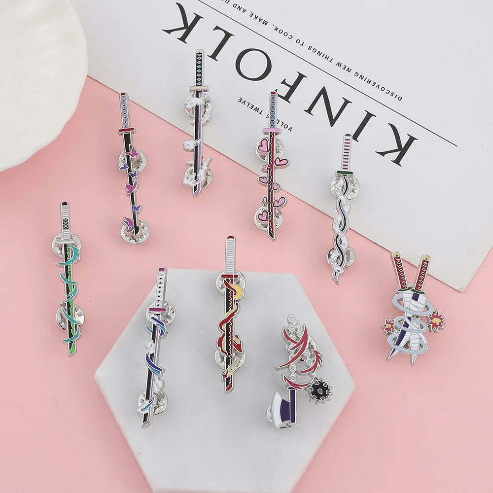 9Pcs/Set Anime Ghost Kill Team Samurai Sword Enamel Brooch 9-Pillar Metal Badge Lapel Pin Cosplay Jewelry Accessories Gifts