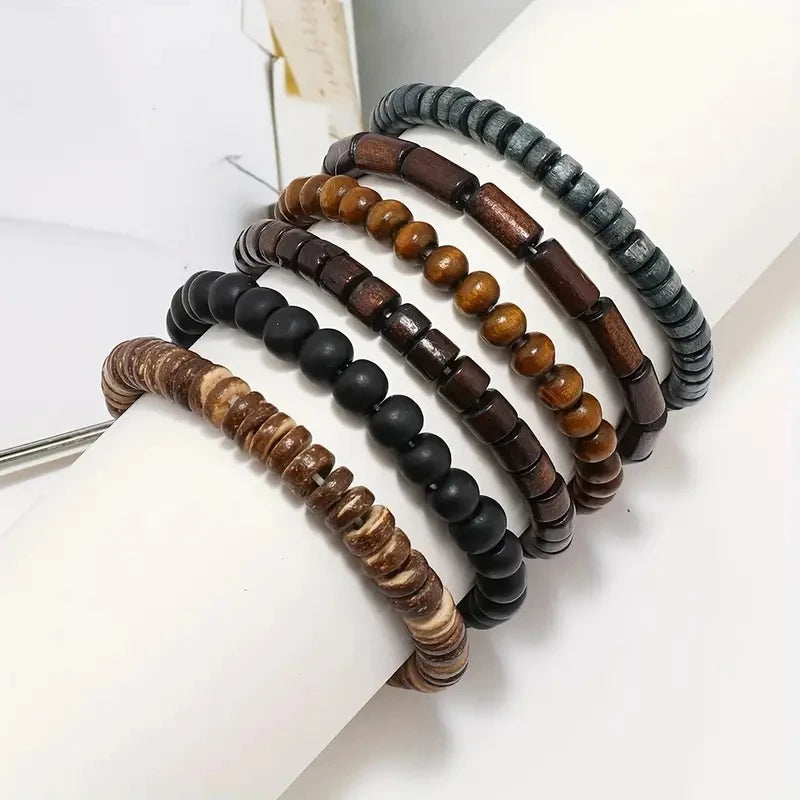 6pcs/set Fashion Men's Hand-beaded Bracelet Vintage Style Multi-layer Stretch Wood Bead Shell Charm Bracelet