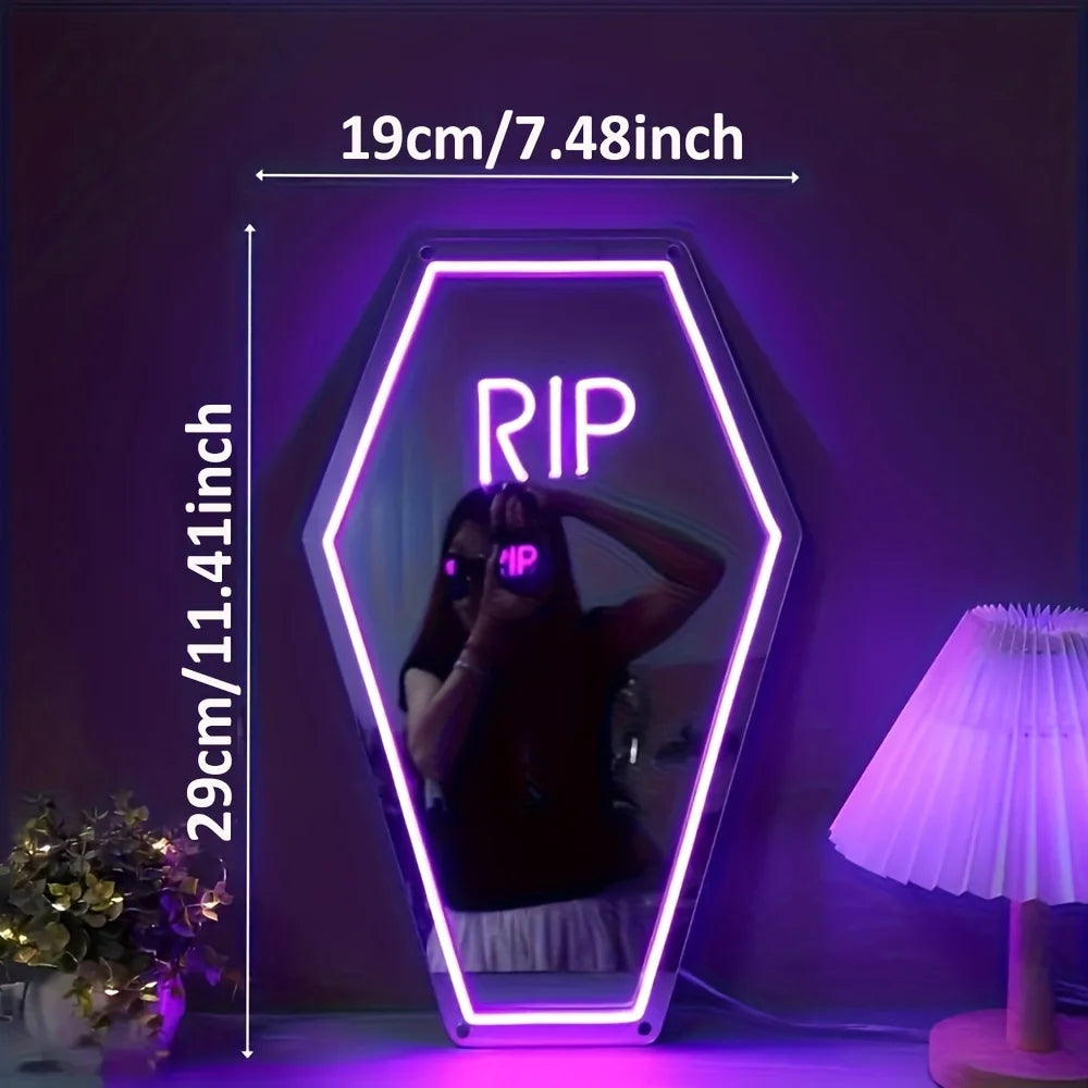 RIP Coffin Shaped Neon Sign Mirror - Gothic Home Decor