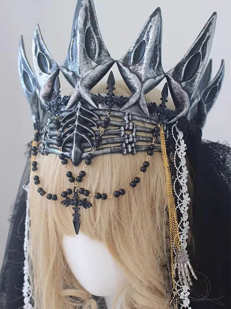 Gothic Queen Dark Crown Black Lace Veil Headdress Women Anime Accessories Cosplay Props  Lolita Hair Accessories