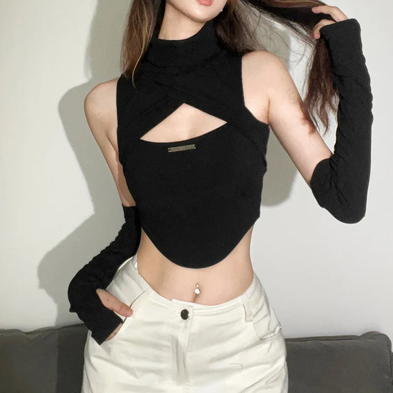 Black Gothic Turtleneck Y2K Crop Top Arm Warmers