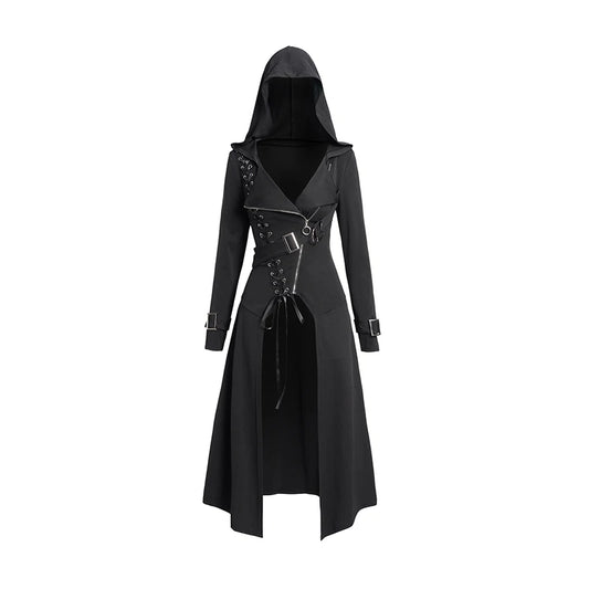 Long Black Hooded Coat Punk Gothic Lace Up Zip Longline Jacket