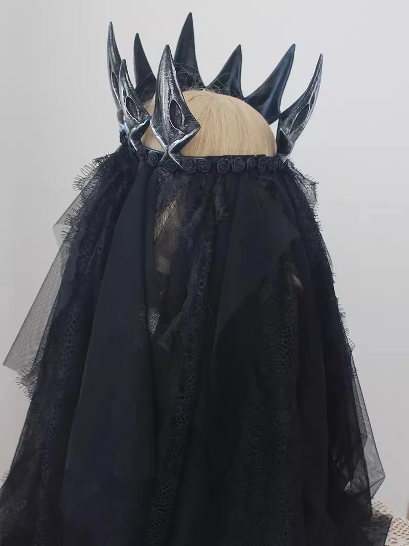 Gothic Queen Dark Crown Black Lace Veil Headdress Women Anime Accessories Cosplay Props  Lolita Hair Accessories