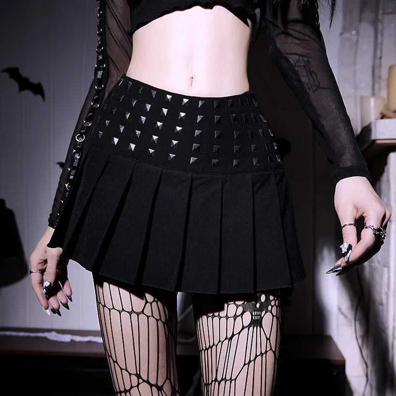 Sexy Gothic Punk Black Studded Pleated Mini Skirt