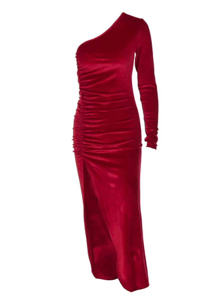 Beautiful Long Red Velvet Asymmetrical Thigh Slit Cocktail Party Dress