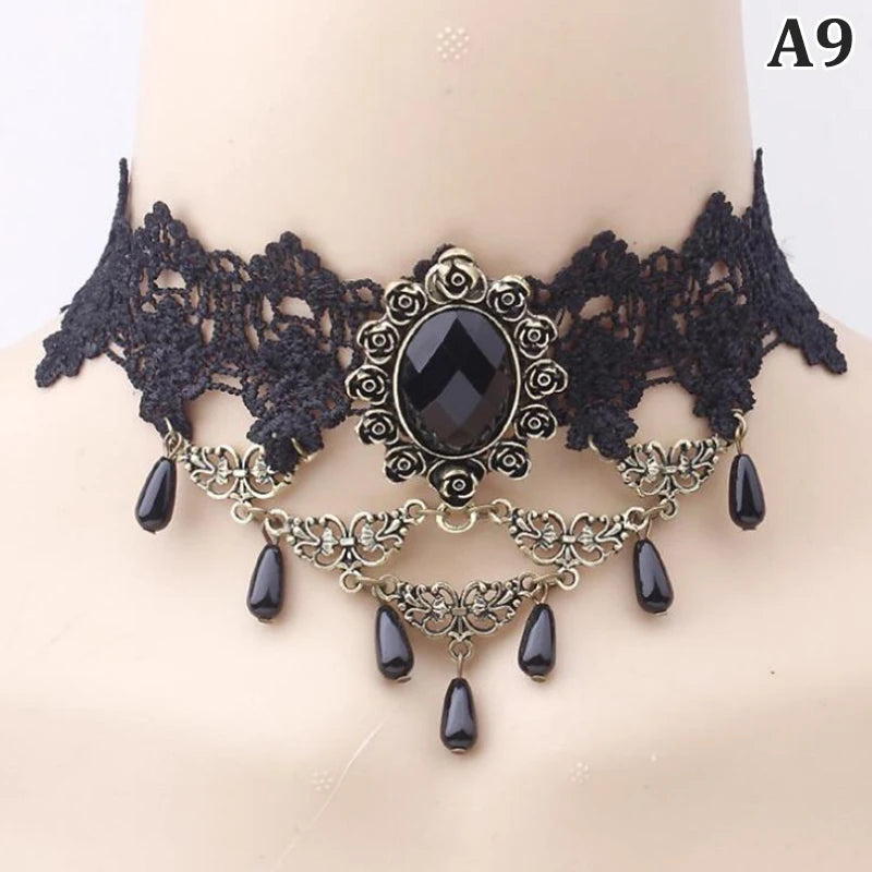 Gothic Chokers Crystal Black Lace Collar Necklace Vintage Victorian