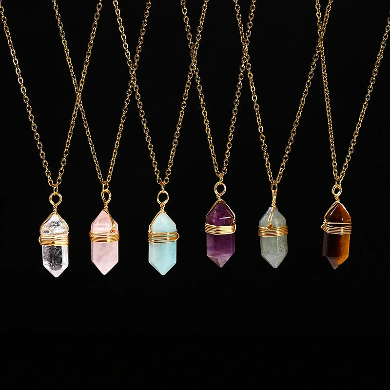 Crystal Pendant Necklace Handmade Stainless Steel Gift Pink Quartz Amethyst Hexagon