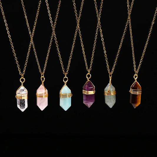 Crystal Pendant Necklace Handmade Stainless Steel Gift Pink Quartz Amethyst Hexagon