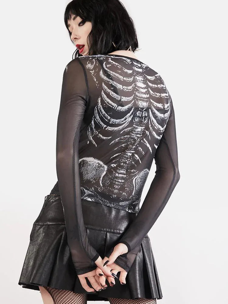 Gothic Punk Skeleton Print Sheer Long Sleeve Top