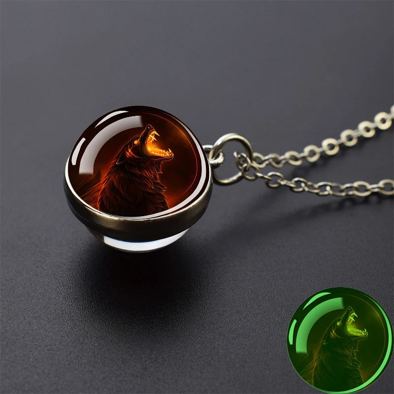 Glow in the Dark Wolf Necklaces Howling Wolf Head and Moon 2CM Glass Ball Pendant Double Sided