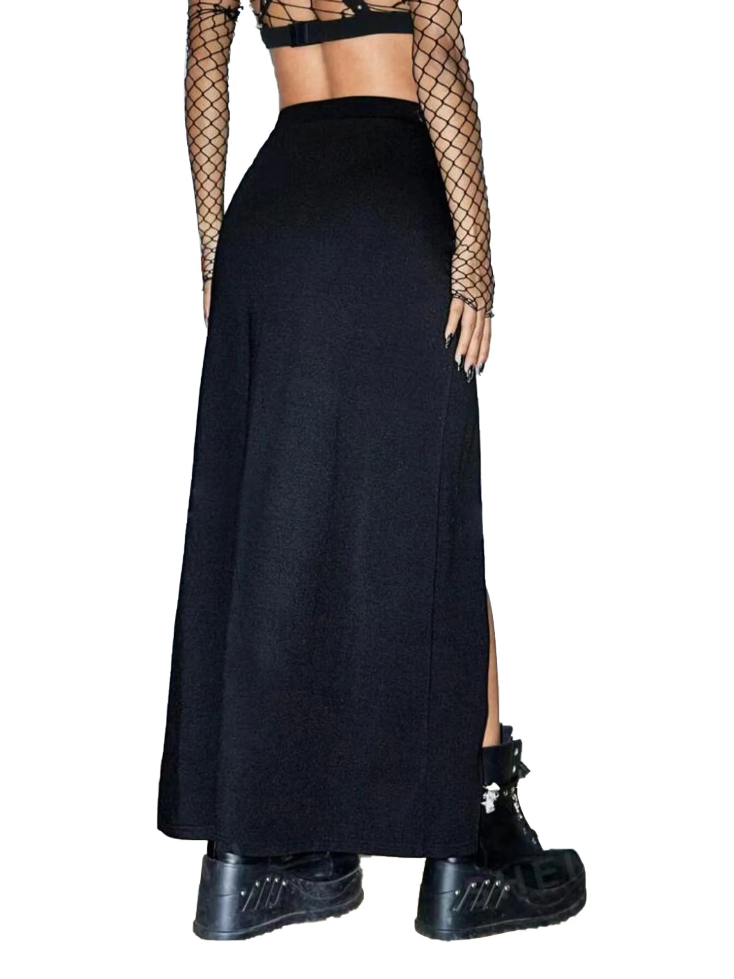Sexy Long Black Punk Gothic Thigh Slit Buckle Skirt