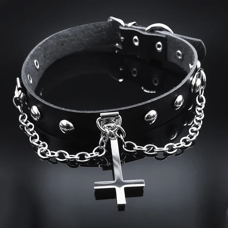 Punk Choker Gothic Satan Inverted Cross Necklace Satanic Jewellery