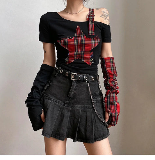 Gothic Punk Emo Tartan Plaid Star Top TShirt Arm Sleeves