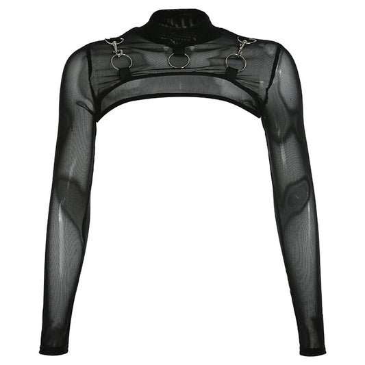 Sexy Black Gothic Metal Ring Mesh Sheer Shoulder Top