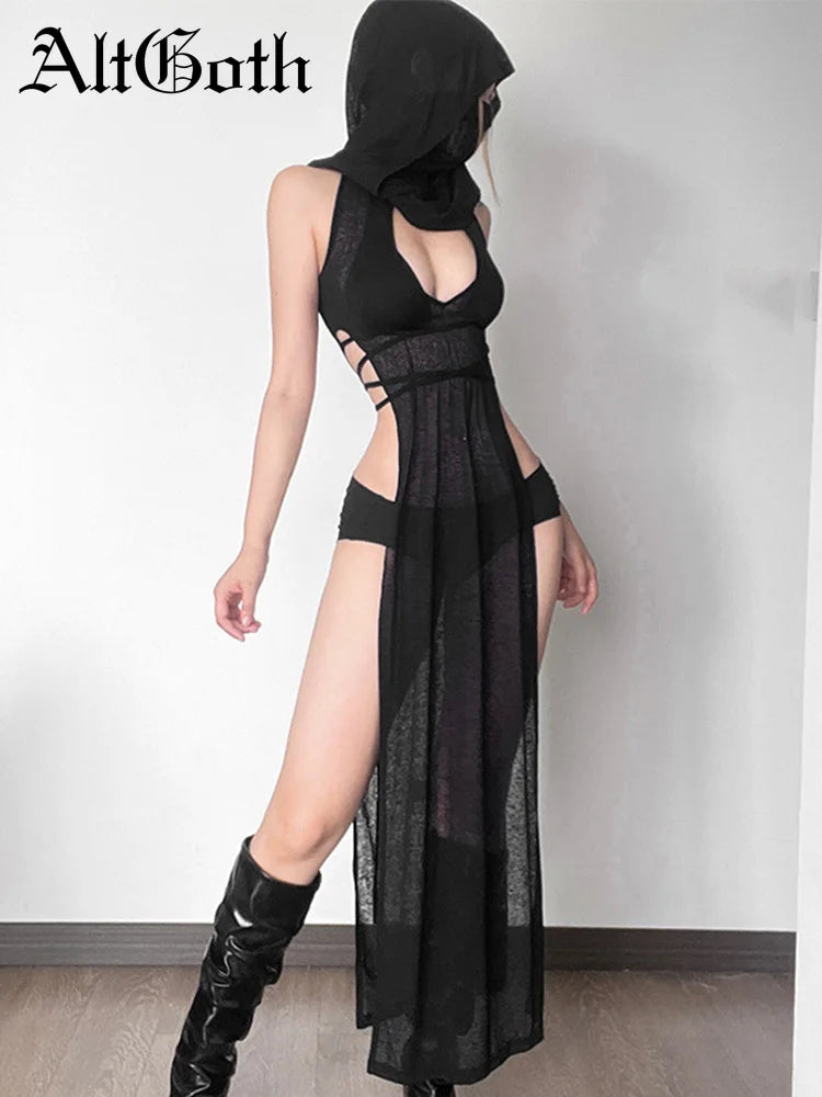 Sexy Mesh Sheer Knitted Hooded Black Cyberpunk Dress