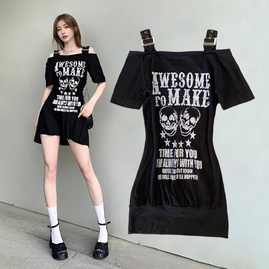 Gothic Black Skull Buckle Strap Mini Dress TShirt Long Top