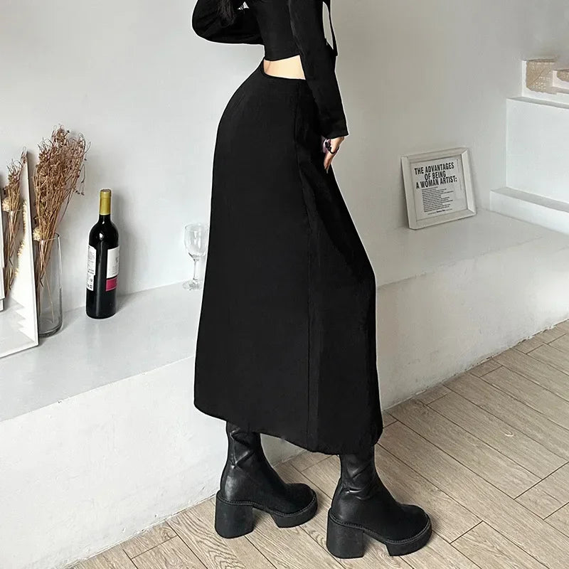 Sexy Gothic Black Long Punk Goth Slit Belt Skirt