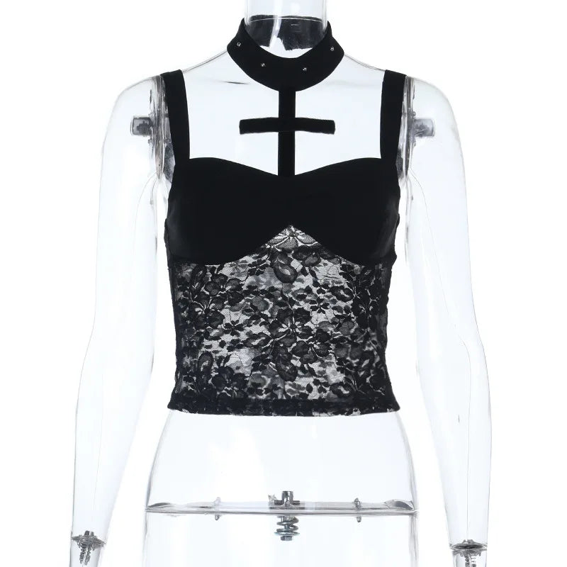 Black American Gothic Dark Camisole Women Y2k Lace Velvet Vest Top