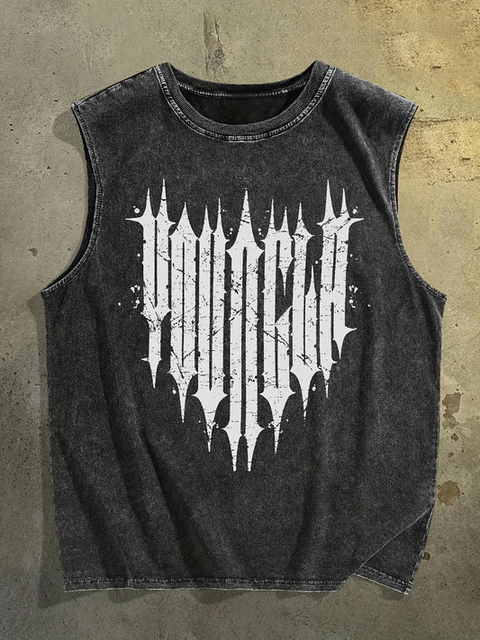Gothic Font Pattern-printed Stonewashed Vest Unisex Mens Tshirt