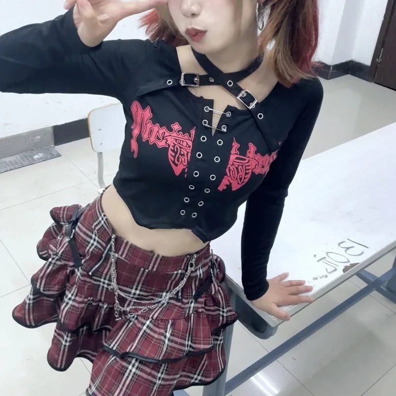 Gothic Punk Black Long Sleeve Crop Top Buckle Strap