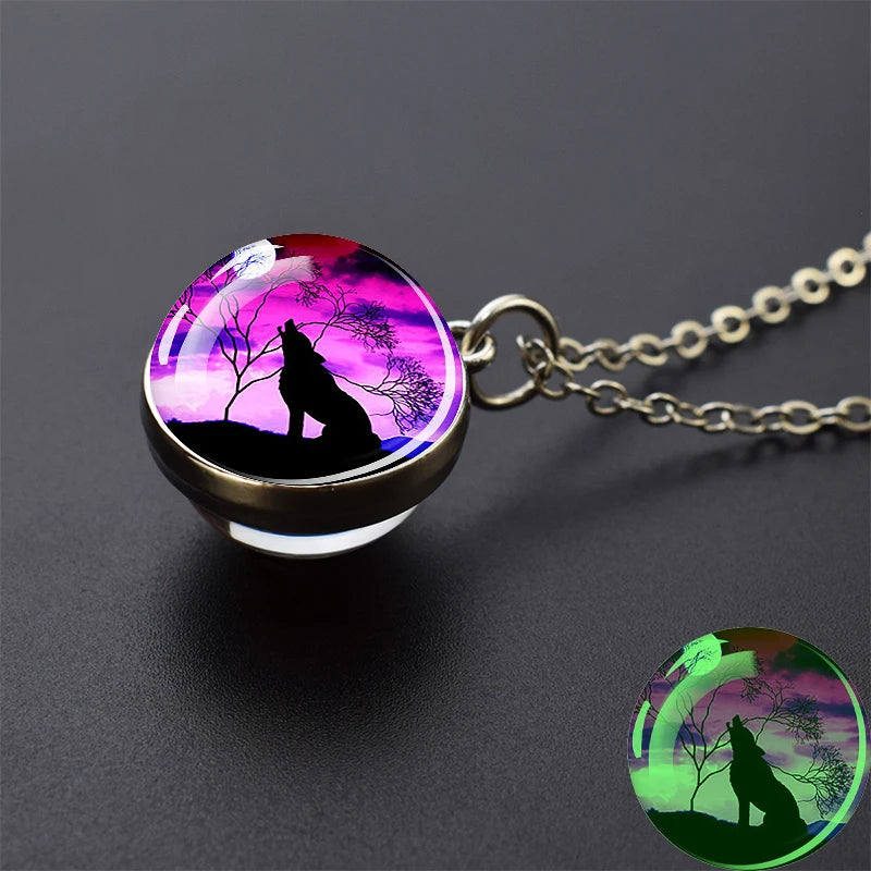 Glow in the Dark Wolf Necklaces Howling Wolf Head and Moon 2CM Glass Ball Pendant Double Sided