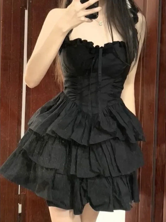 Gothic Black Cute Ruffles Short Party Dress