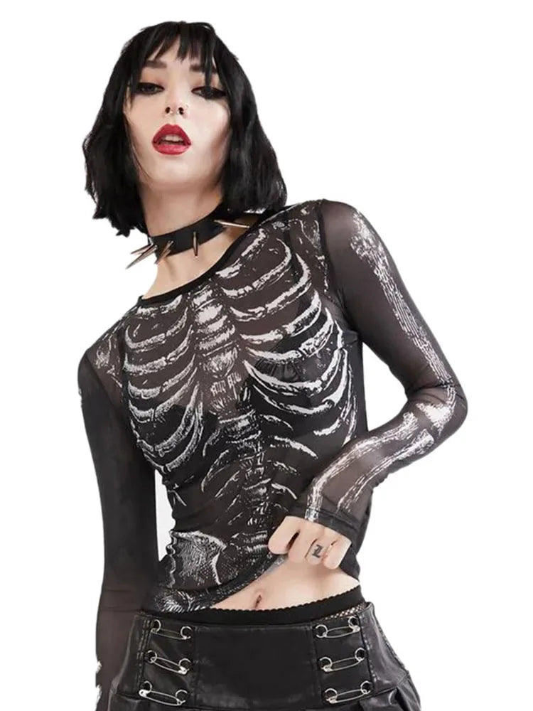 Gothic Punk Skeleton Print Sheer Long Sleeve Top