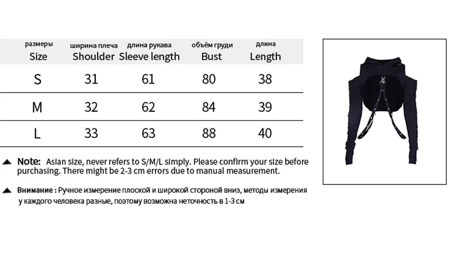 Black Gothic Hooded Crop Top Hoodie Harness Straps Punk Rave Sweater Jacket Shrug