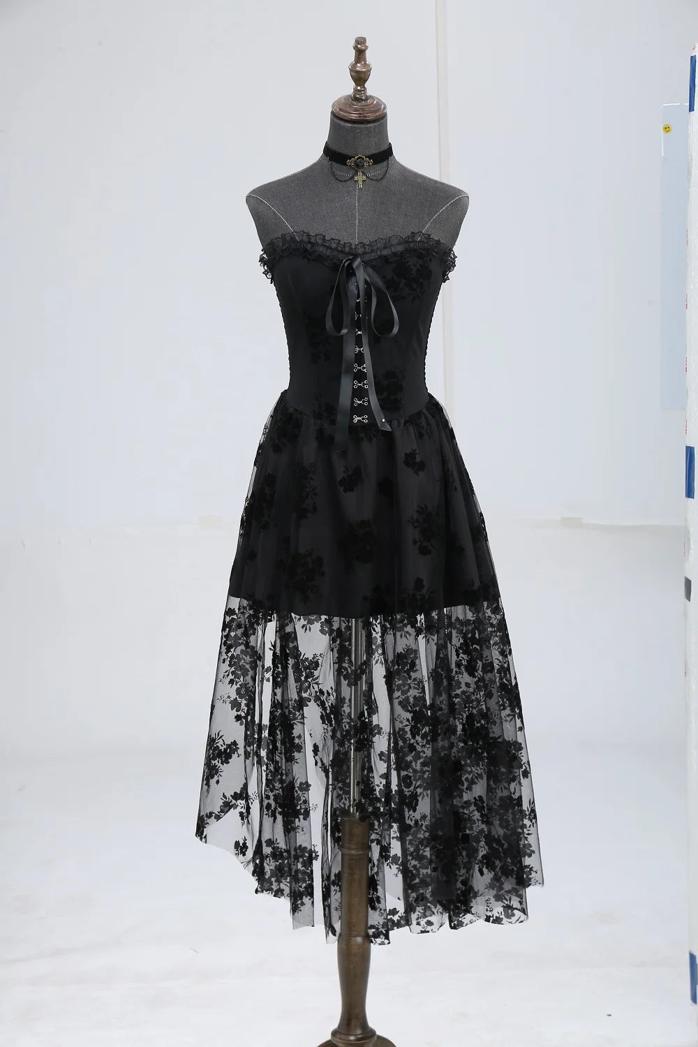 Black Lace Overlay Gothic Lace up Strapless Corset Dress