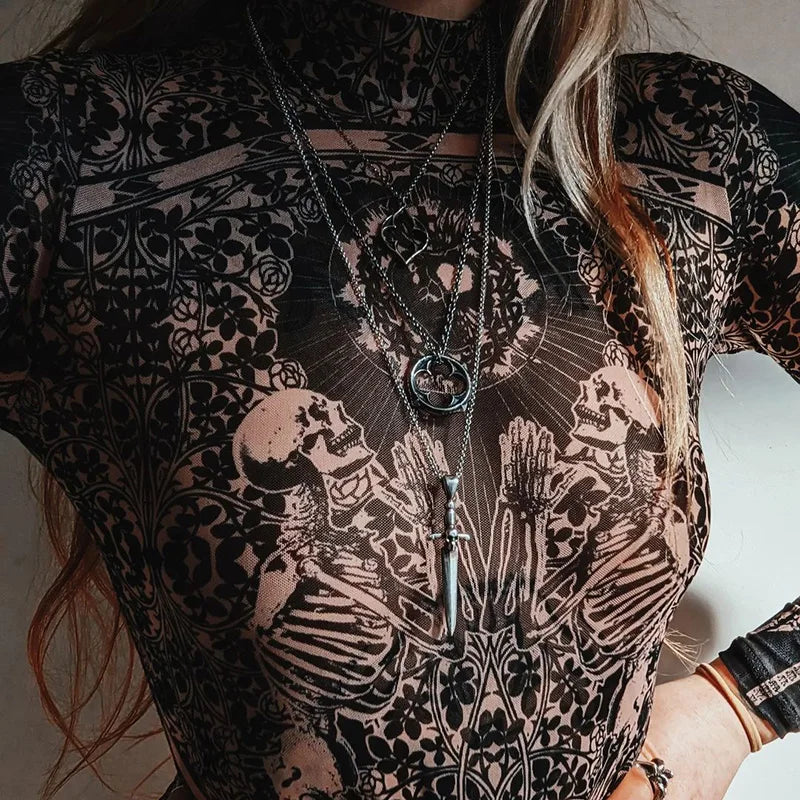 Black Gothic Print See Through Bodycon Mesh Sheer Bodysuit