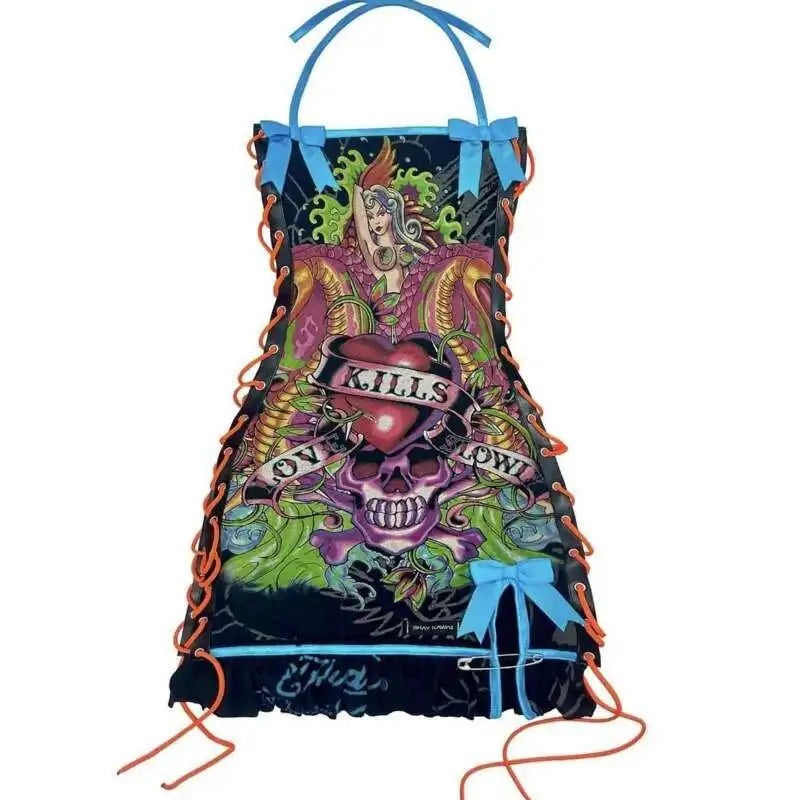 Alternative Punk Skull Printed Gothic Mini Lace Up Halter Y2k Bodycon Dress