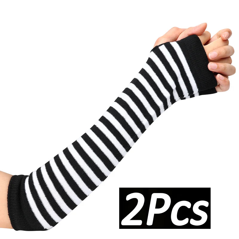 Black White Striped Arm Warmers Emo Punk Long Fingerless Gloves