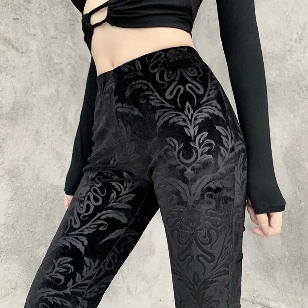 Gothic Floral Print Black Velvet Long Pants Bellbottom Bootcut Flares Trousers