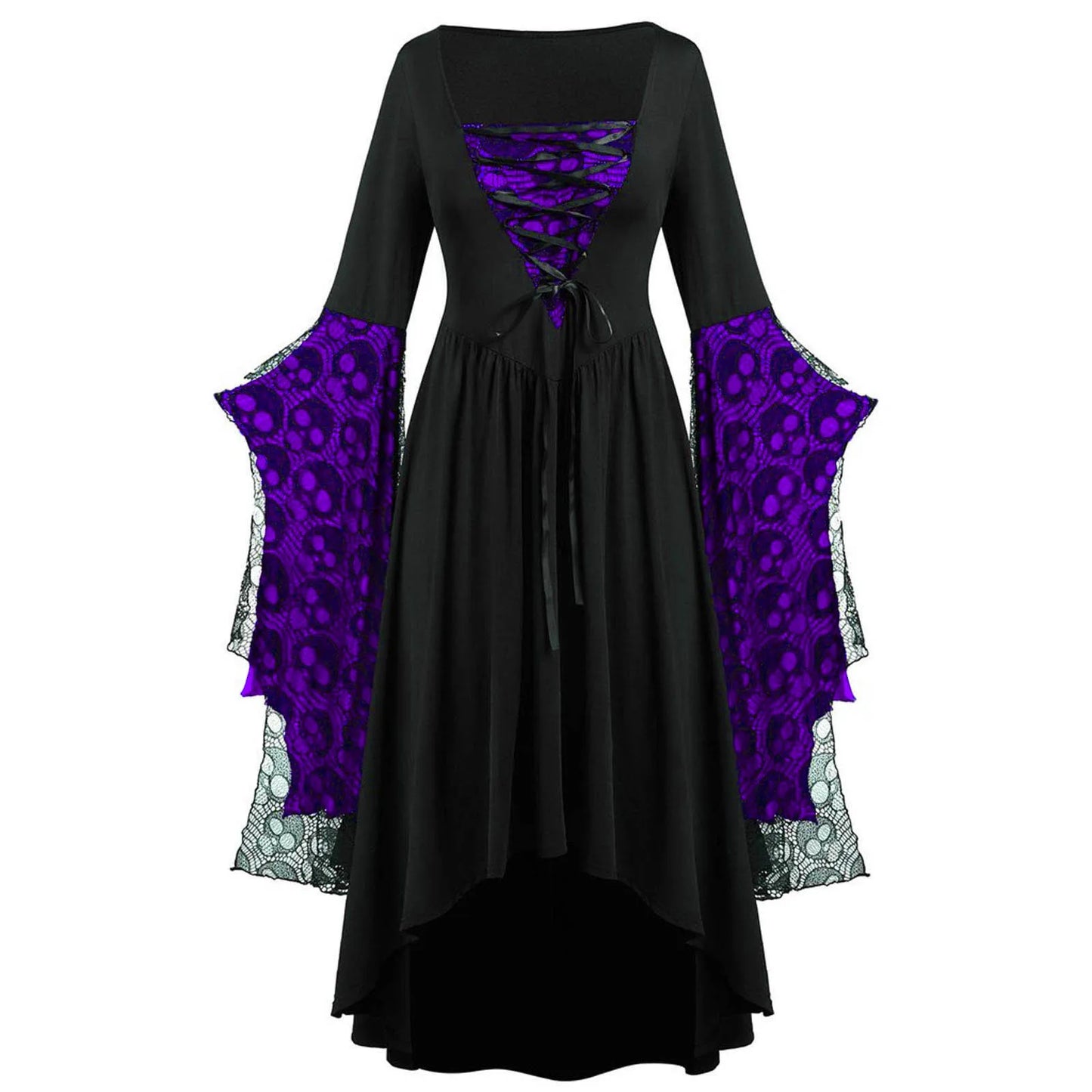 Gothic Long Black Witch Dress Halloween Fancy Dress Costume Purple