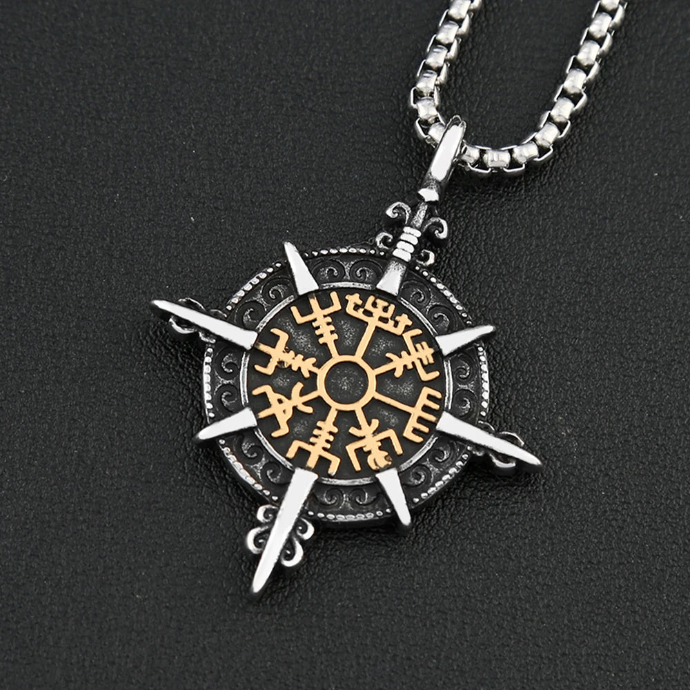 Vintage Viking Vegvisir Compass Pendant Necklaces For Men Stainless Steel Nordic Amulet Necklace