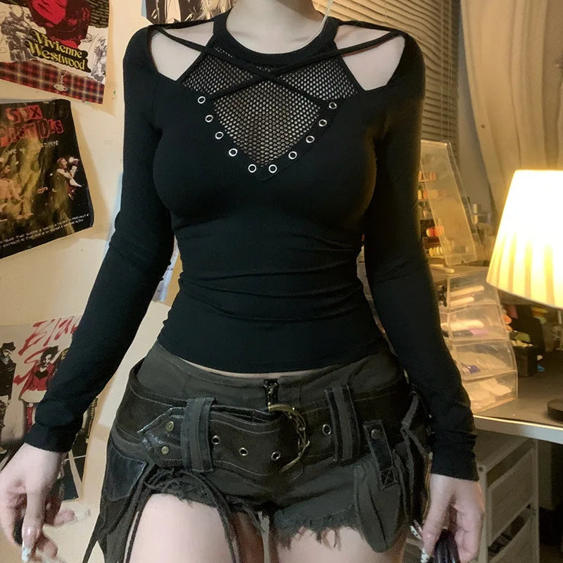 Emo Goth Dark Techwear Black Top Fishnet Gothic Clothing Long Sleeved Top TShirt
