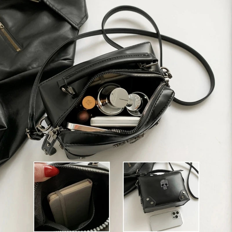 Top Handle PU Leather Crossbody Bag Punk Skull Crosses Small Shoulder Handbag