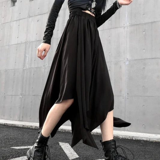 Long Black Punk Gothic Flared Irregular Hem Maxi Skirt
