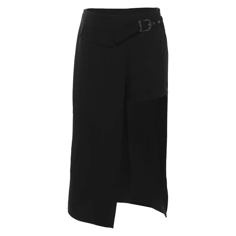 Sexy Gothic Black Long Punk Goth Slit Belt Skirt